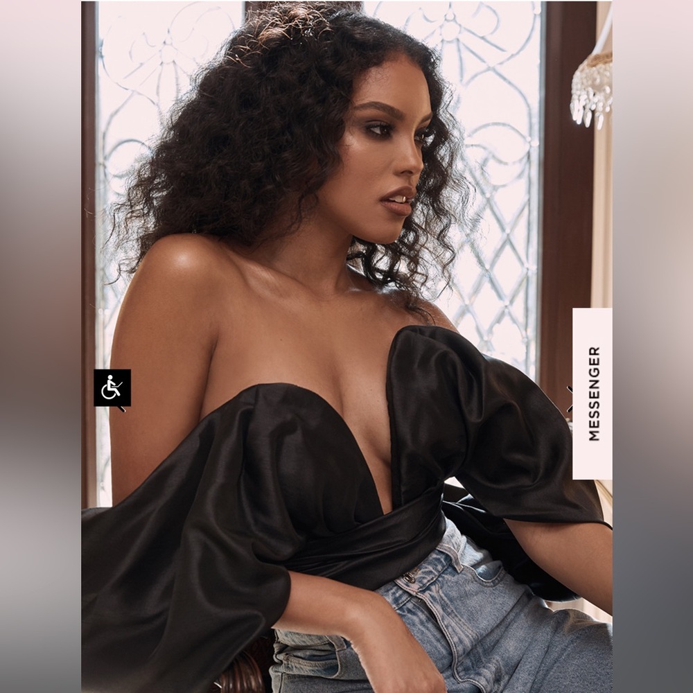 House of CB Black Satin Plunge Off Shoulder Bustier size M